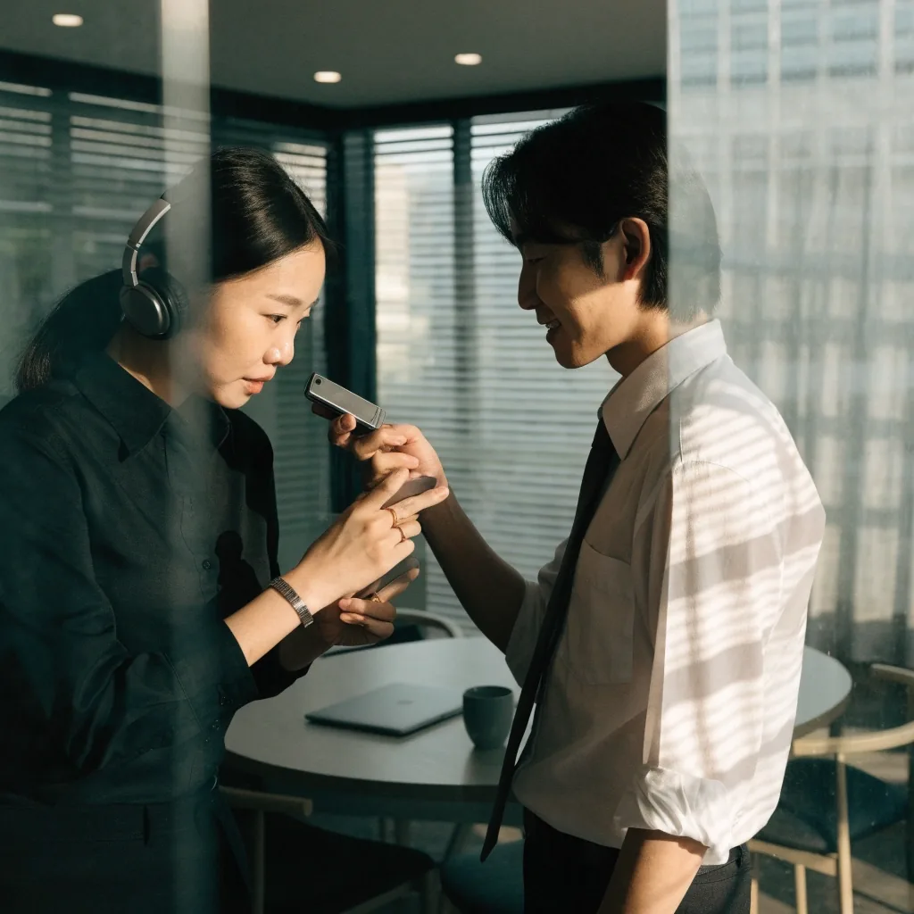 회의실에서 노트북을 등지고 이야기하는 세 명의 동료