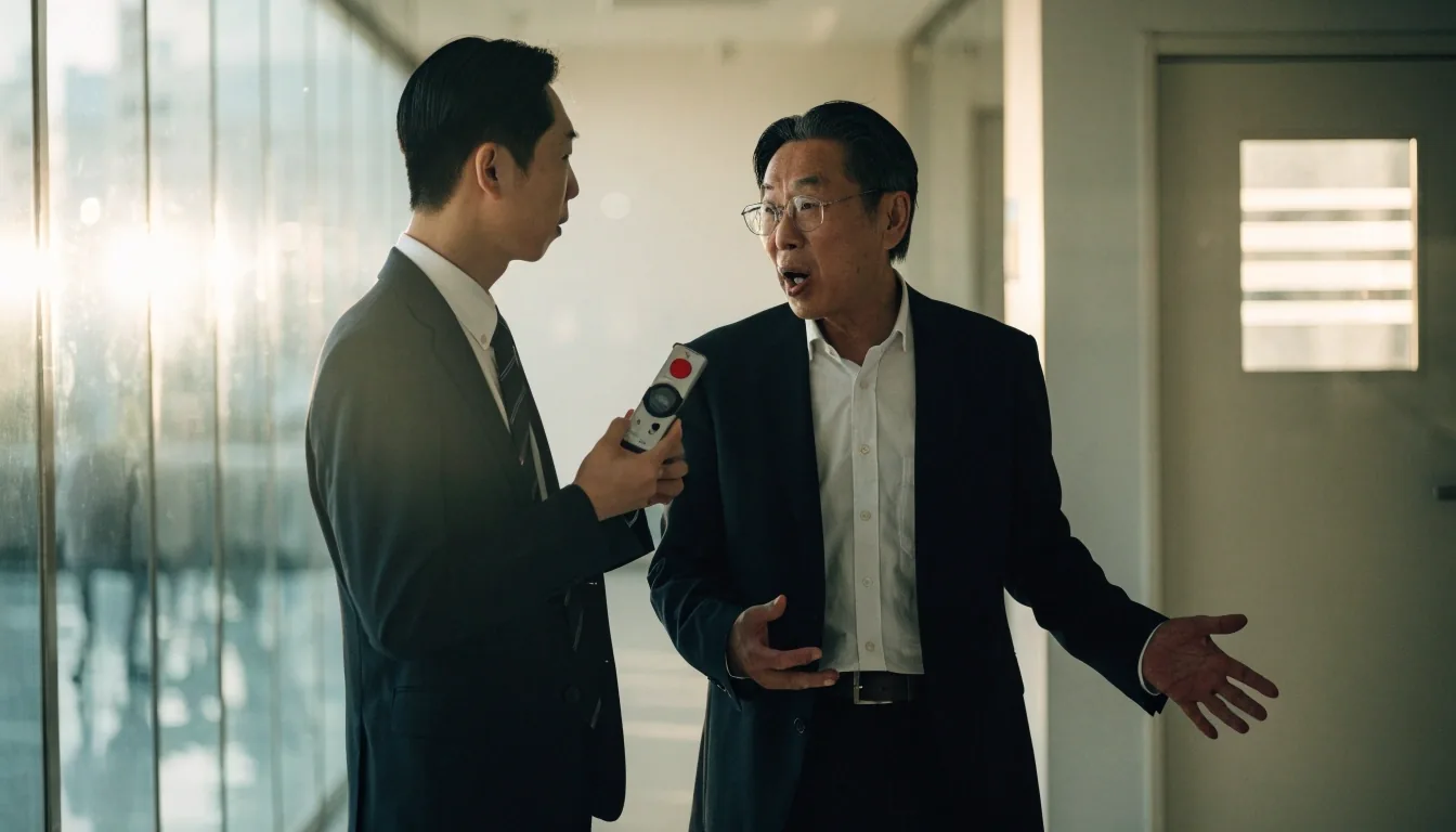이른 아침 냉광이 드는 국내 오피스 회의실, 화면이 보이지 않는 노트북과 빈 메모지가 놓인 긴 회의 테이블