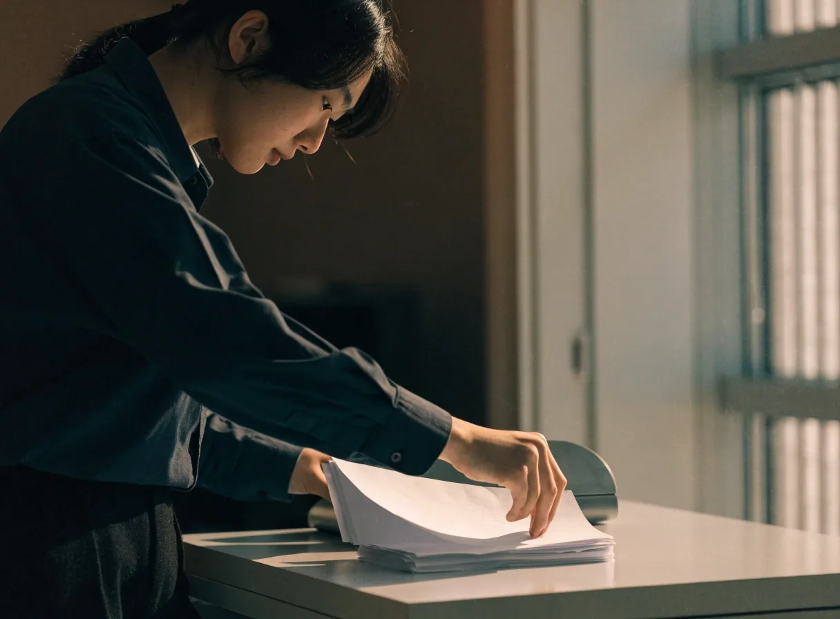 사무실 책상에서 흰 종이 묶음을 정리하는 두 손