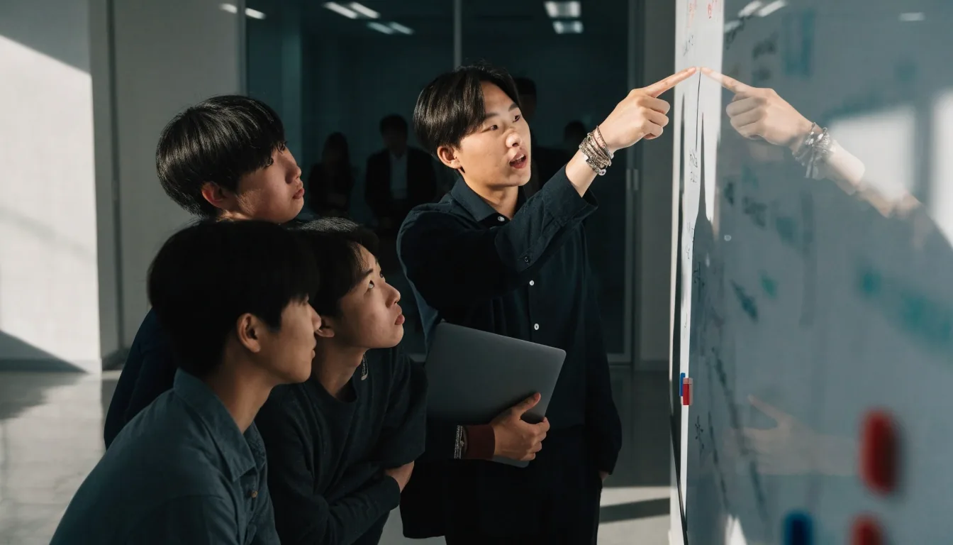 이른 아침 냉색 자연광이 드는 한국 오피스의 빈 책상 사이 통로