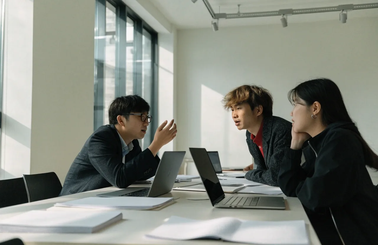 회의 테이블에서 비즈니스 AI 툴 비교 자료를 검토하는 팀의 측면 모습